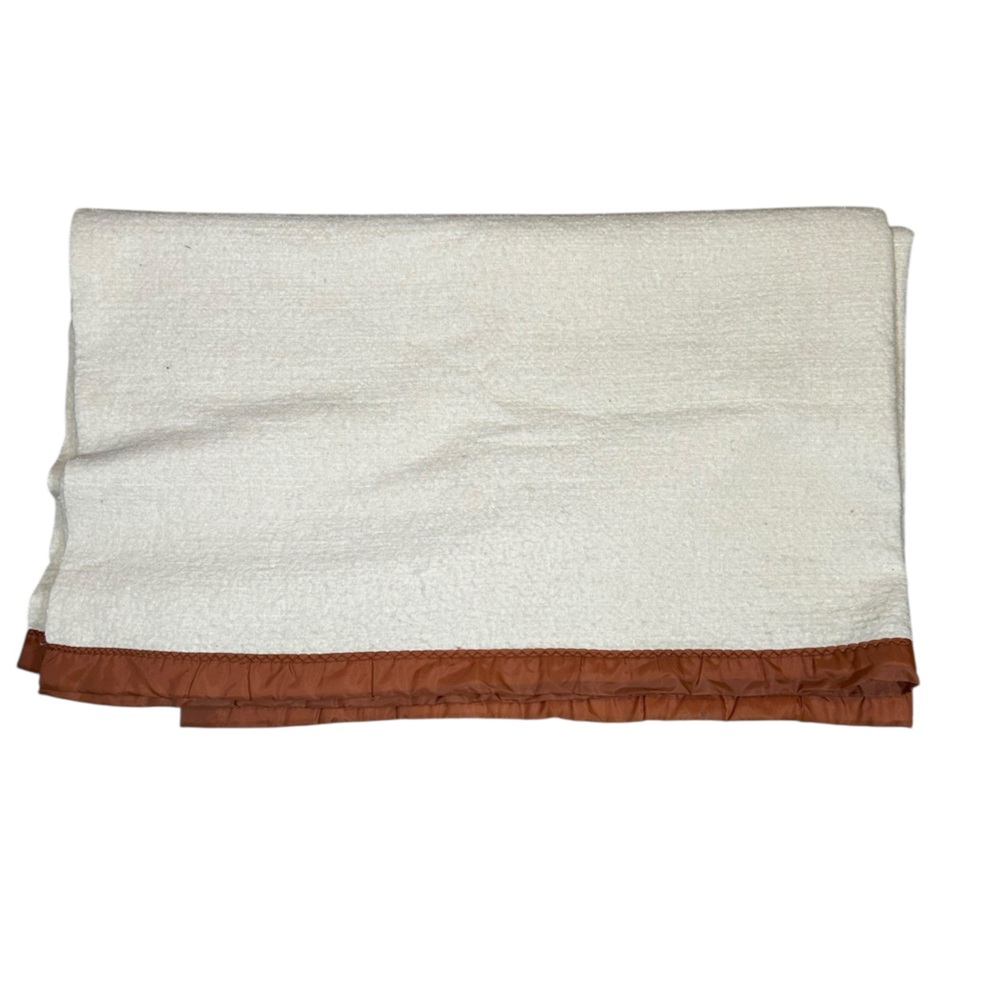 Wool Acrylic Double Sided Brown Satin Trim Off White Blanket 86 X 67.